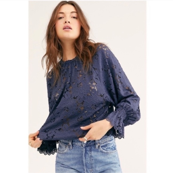 Free People Tops - Free People Olivia Lace Top in Navy Size XS NWT Victorian Long Sleeve